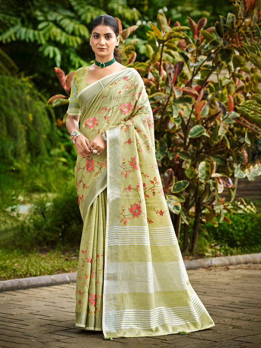 Sangam Prints Lime Green Linen Woven Work Traditional Saree
