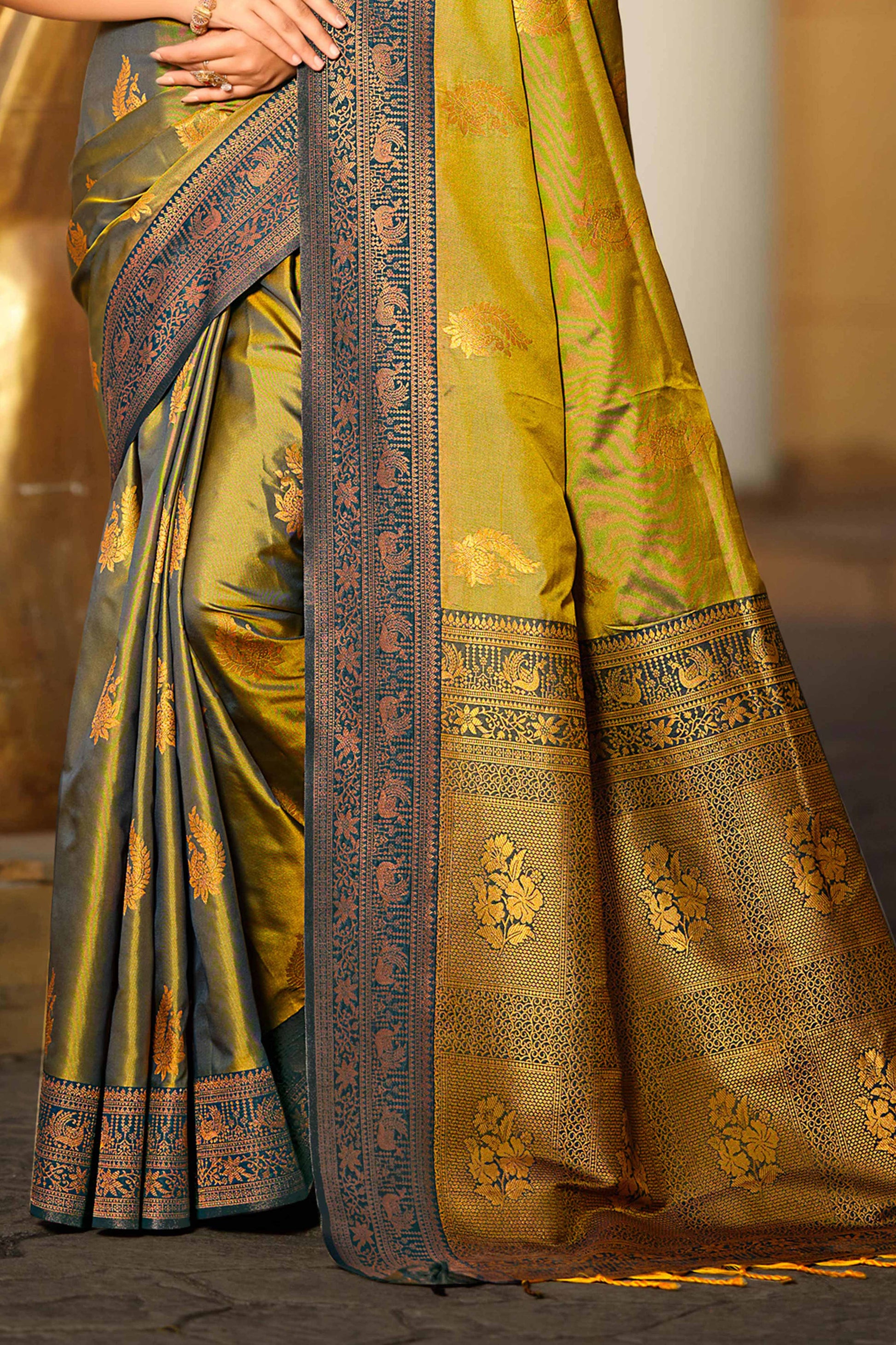 Sangam Prints Olive Green Soft Silk Woven Work Traditional Saree