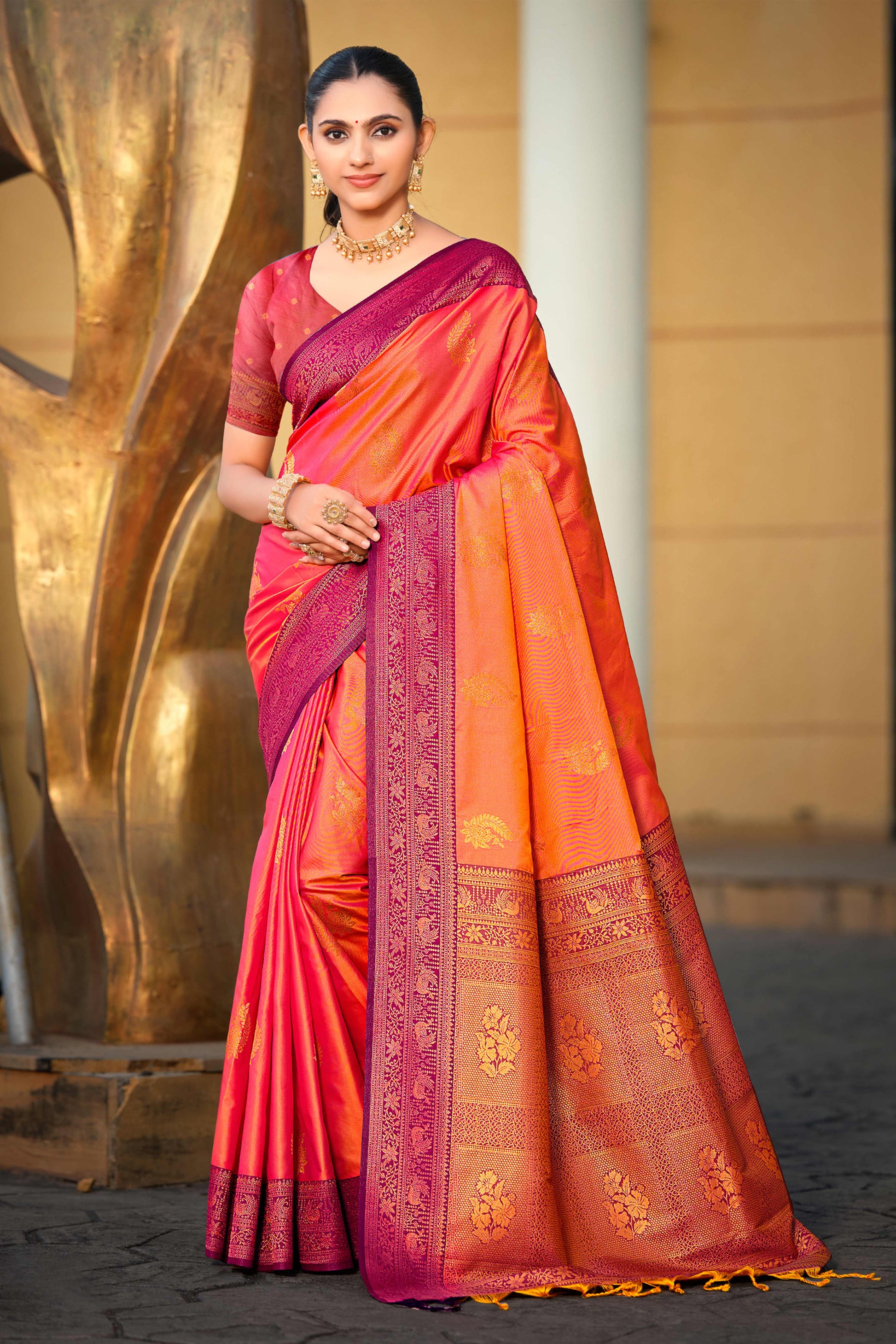 Sangam Prints Rani Pink Soft Silk Woven Work Traditional Saree