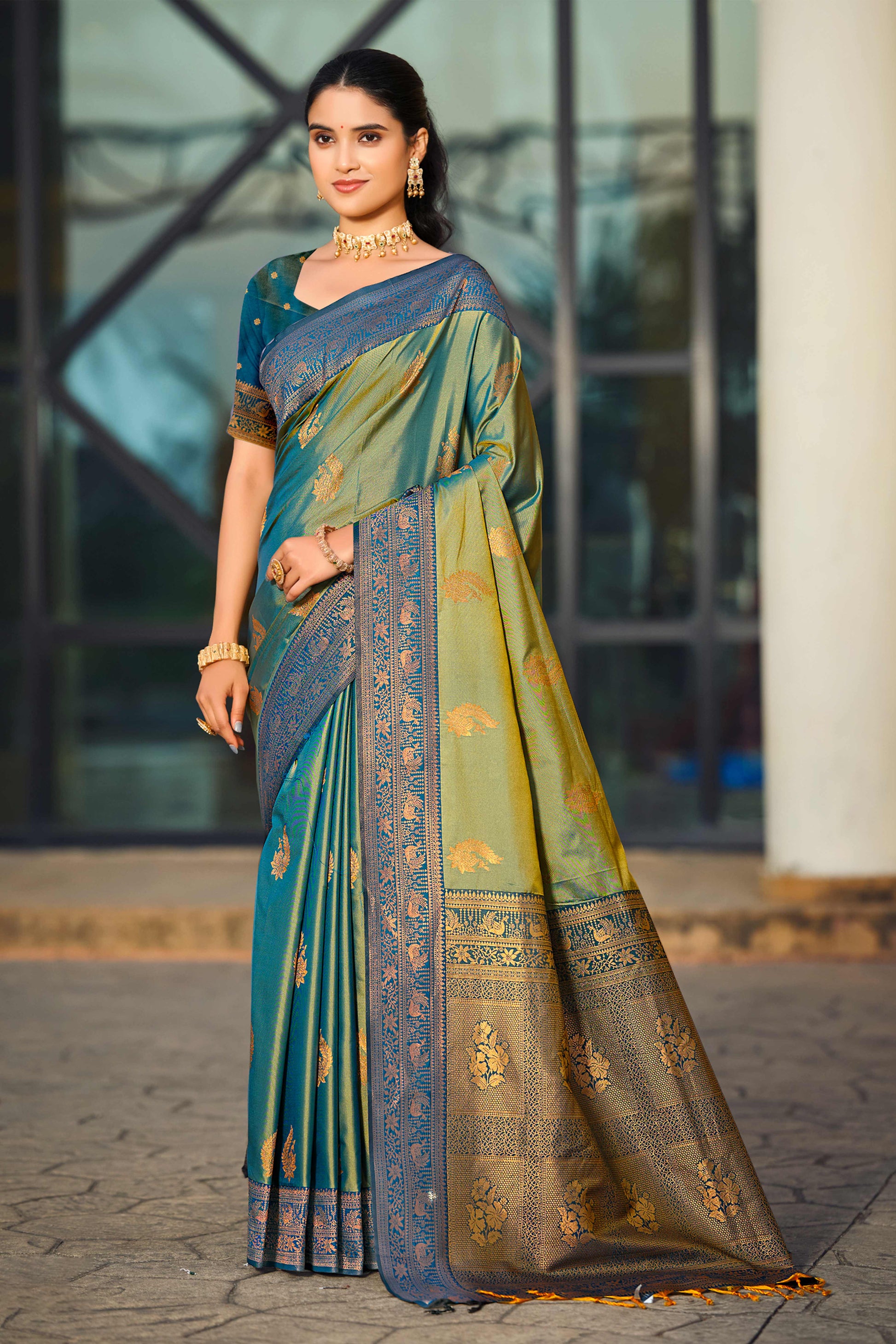 Sangam Prints Sea Green Soft Silk Woven Work Traditional Saree