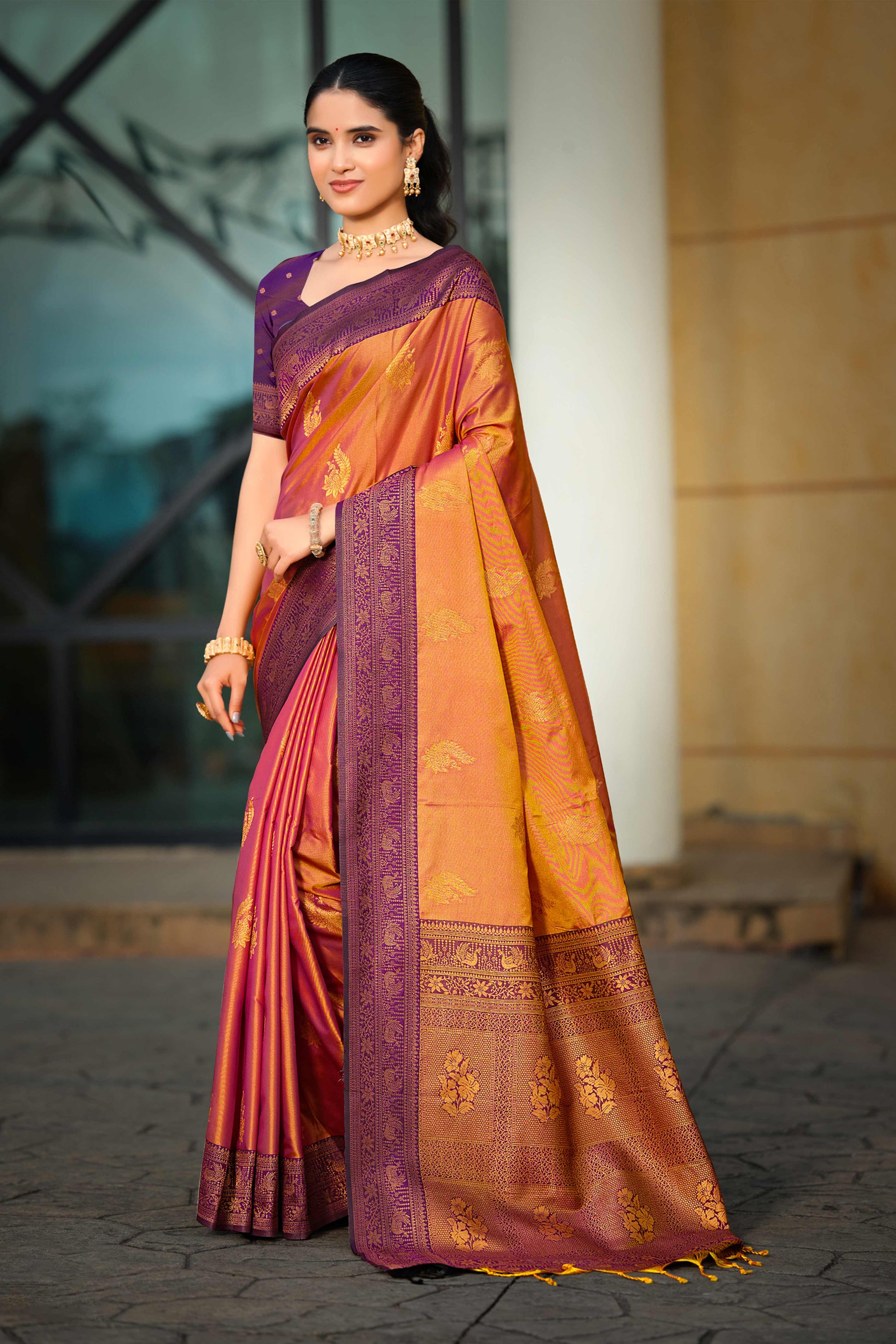 Sangam Prints Copper Gold Soft Silk Woven Work Traditional Saree