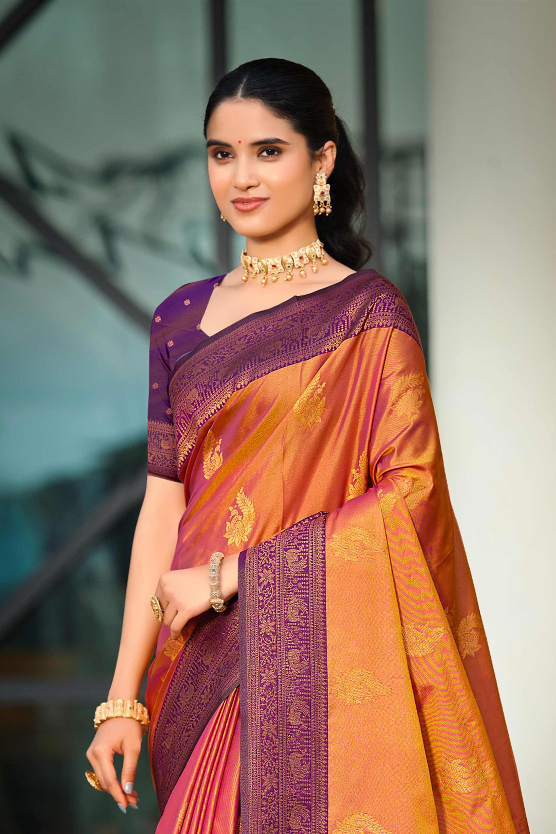 Sangam Prints Copper Gold Soft Silk Woven Work Traditional Saree