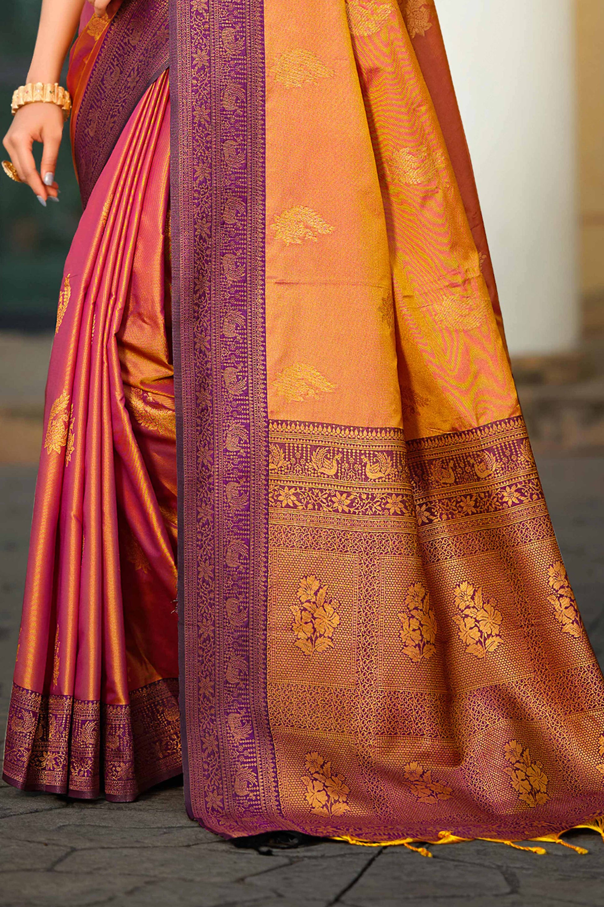Sangam Prints Copper Gold Soft Silk Woven Work Traditional Saree