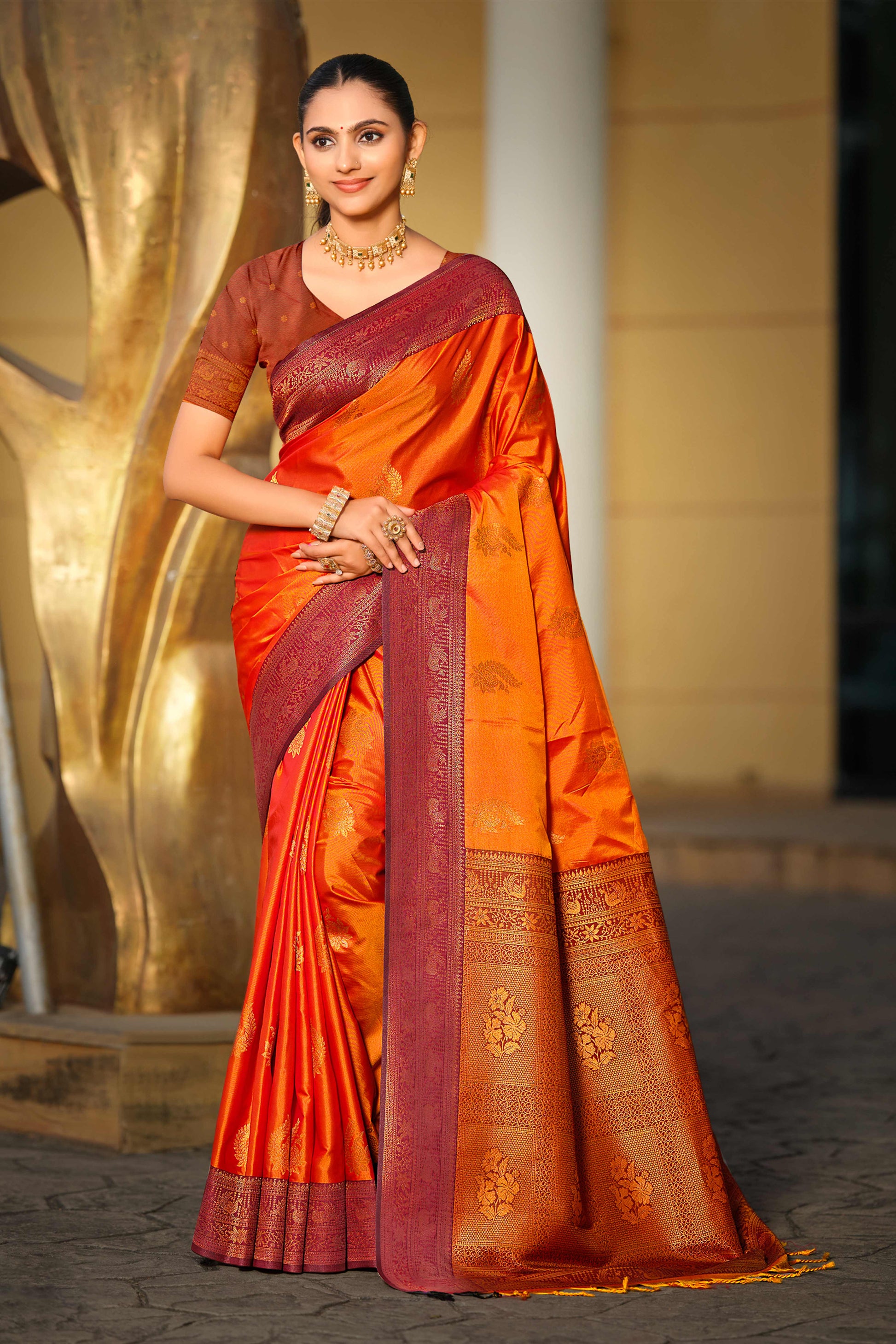 Sangam Prints Bright Orange Soft Silk Woven Work Traditional Saree