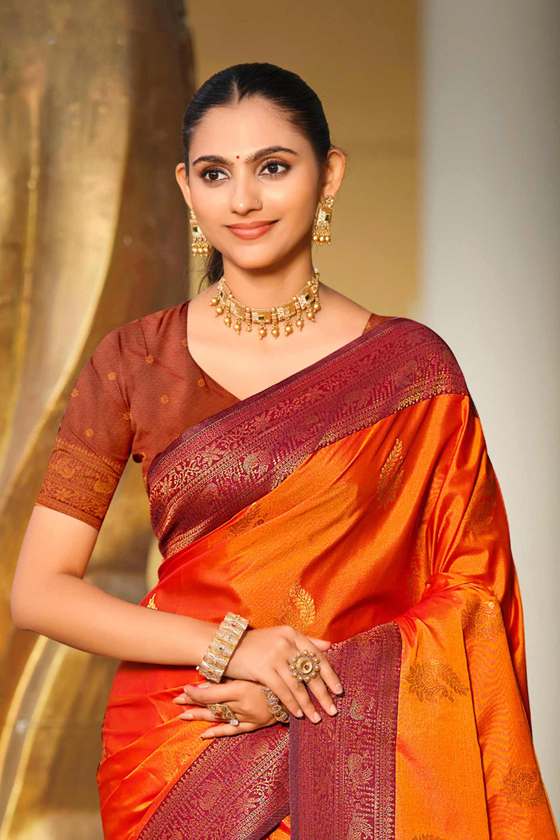 Sangam Prints Bright Orange Soft Silk Woven Work Traditional Saree
