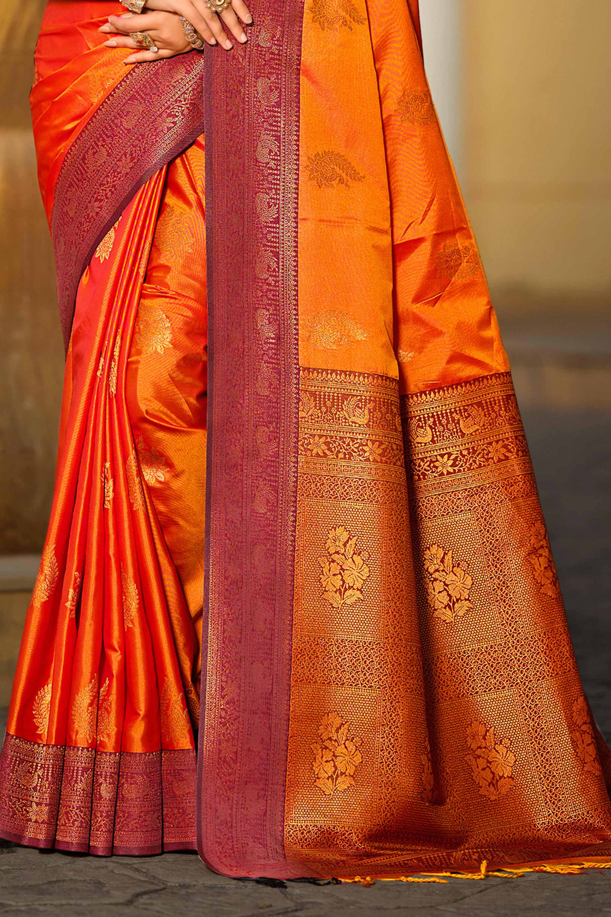 Sangam Prints Bright Orange Soft Silk Woven Work Traditional Saree