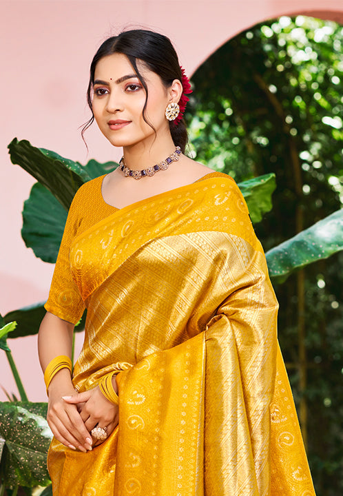 Sangam Prints Yellow Kanjivaram Silk Woven Work Traditional Saree