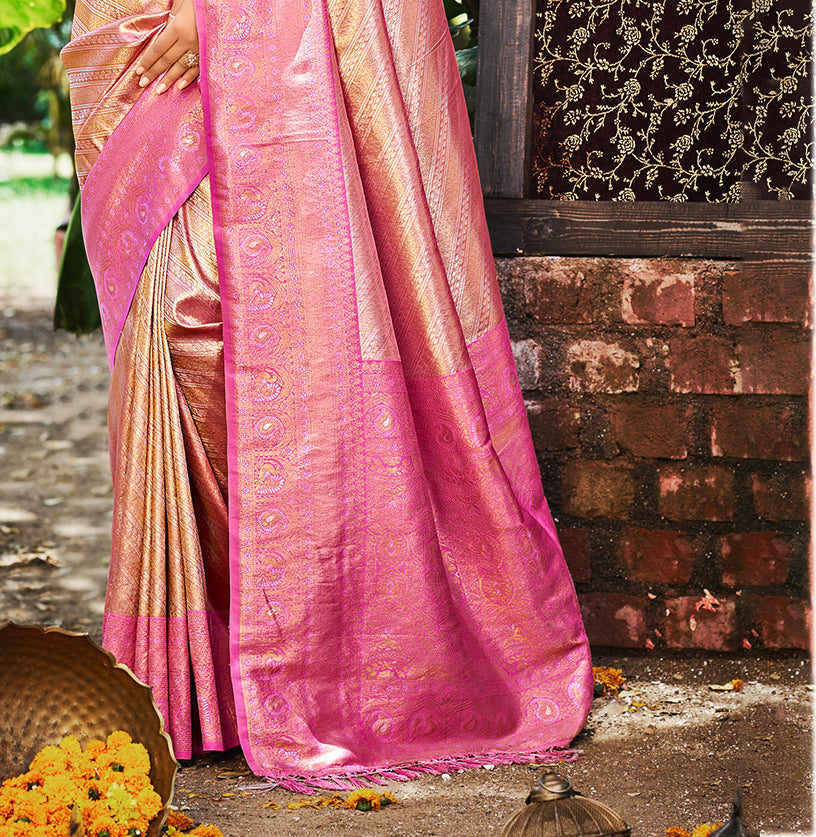 Sangam Prints Rani Pink Kanjivaram Silk Woven Work Traditional Saree