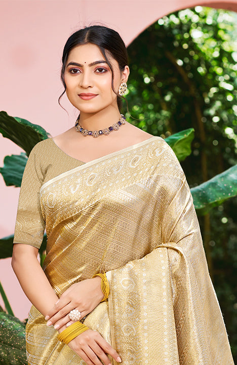 Sangam Prints Beige Kanjivaram Silk Woven Work Traditional Saree