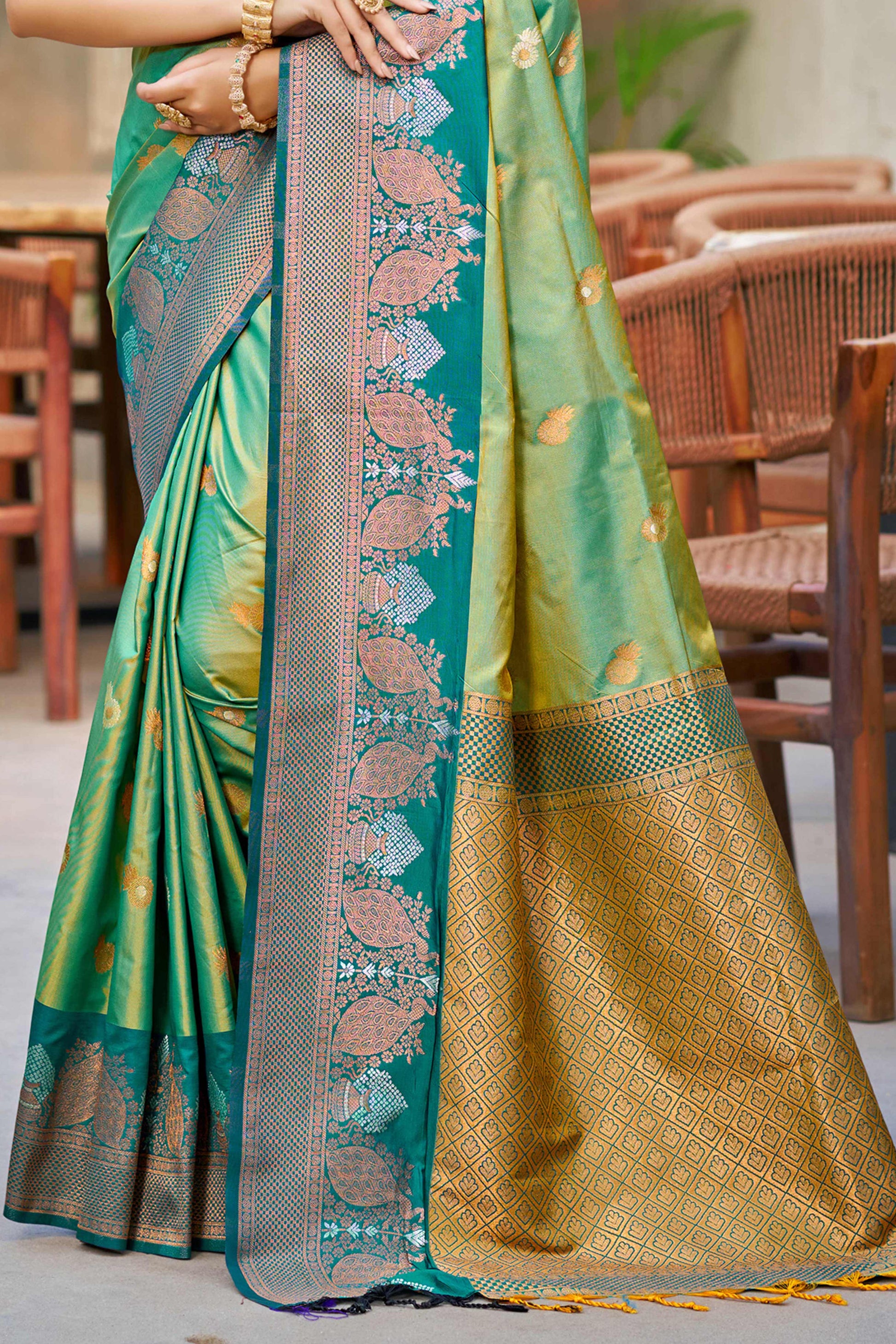 Sangam Prints Parrot Green Soft Silk Woven Work Traditional Saree