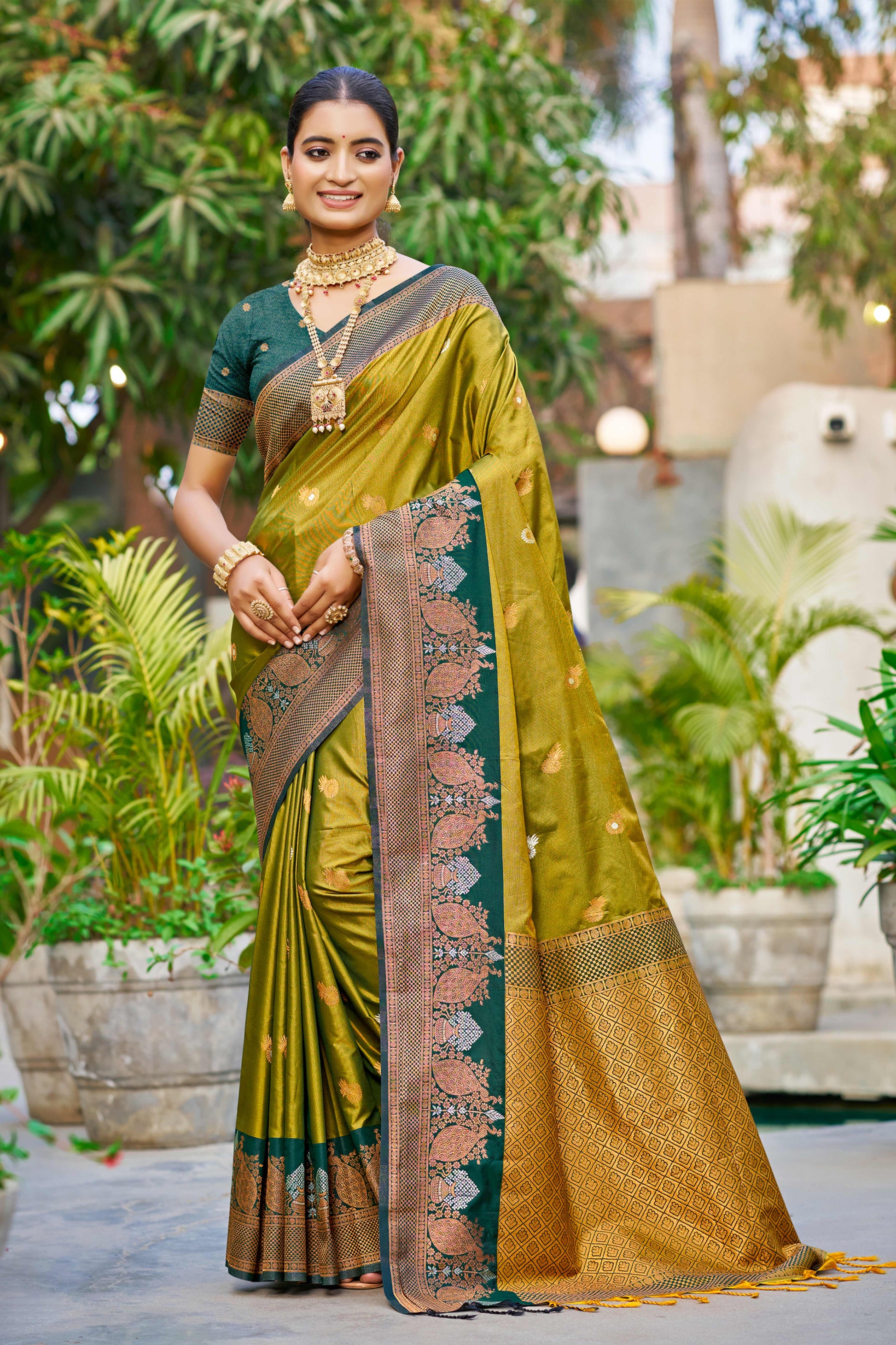 Sangam Prints Olive Green Soft Silk Woven Work Traditional Saree