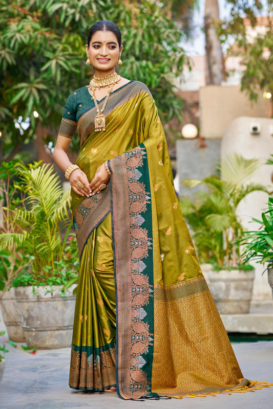 Sangam Prints Olive Green Soft Silk Woven Work Traditional Saree