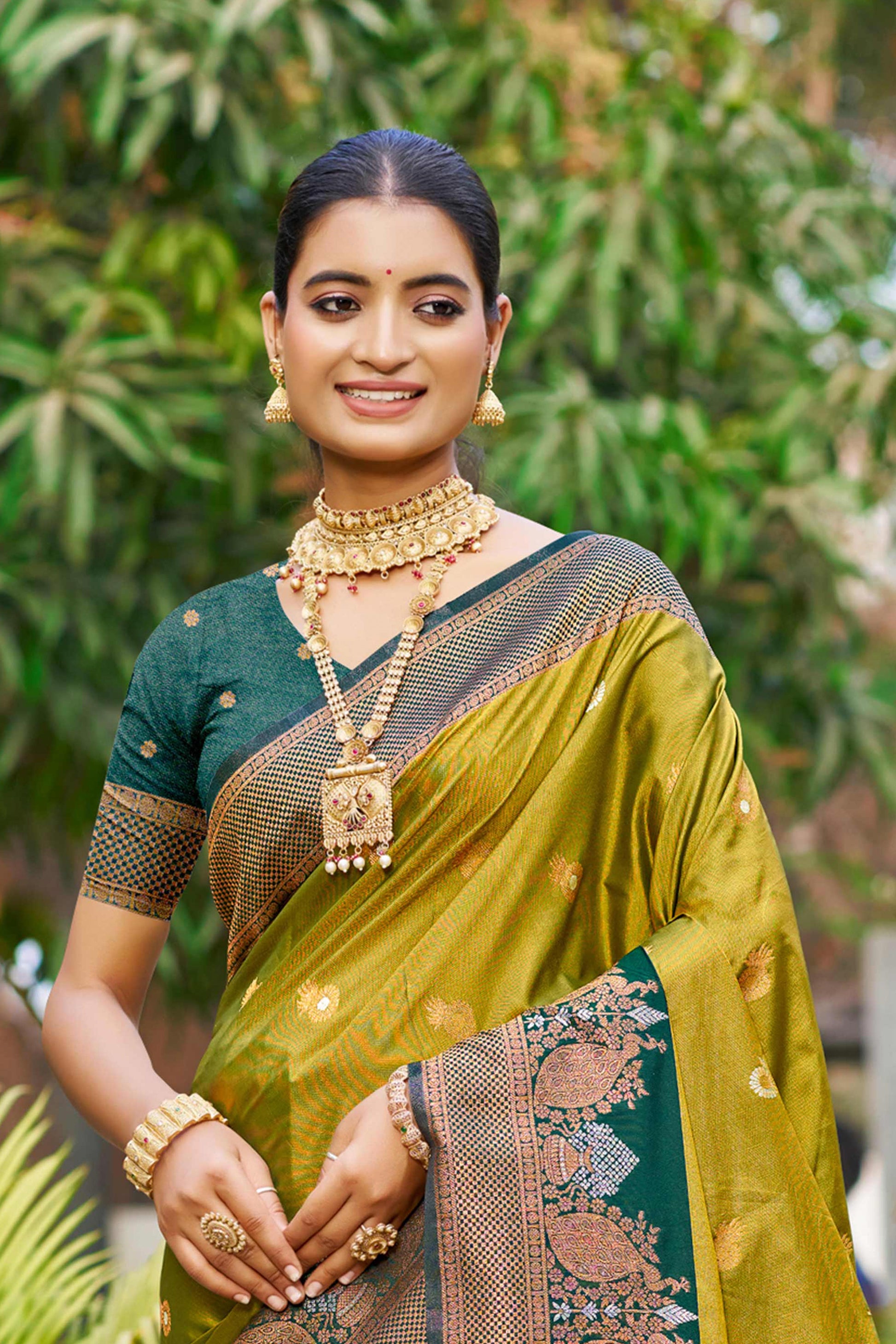 Sangam Prints Olive Green Soft Silk Woven Work Traditional Saree