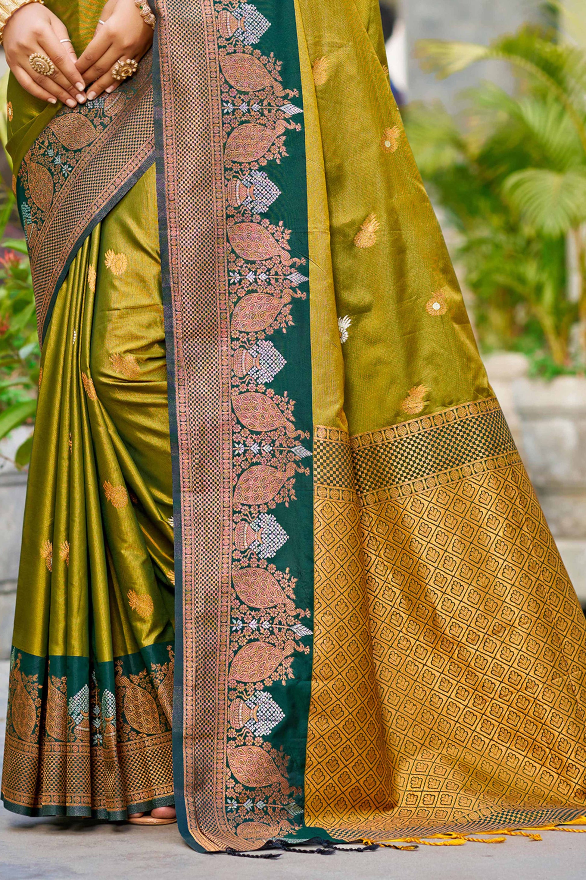Sangam Prints Olive Green Soft Silk Woven Work Traditional Saree