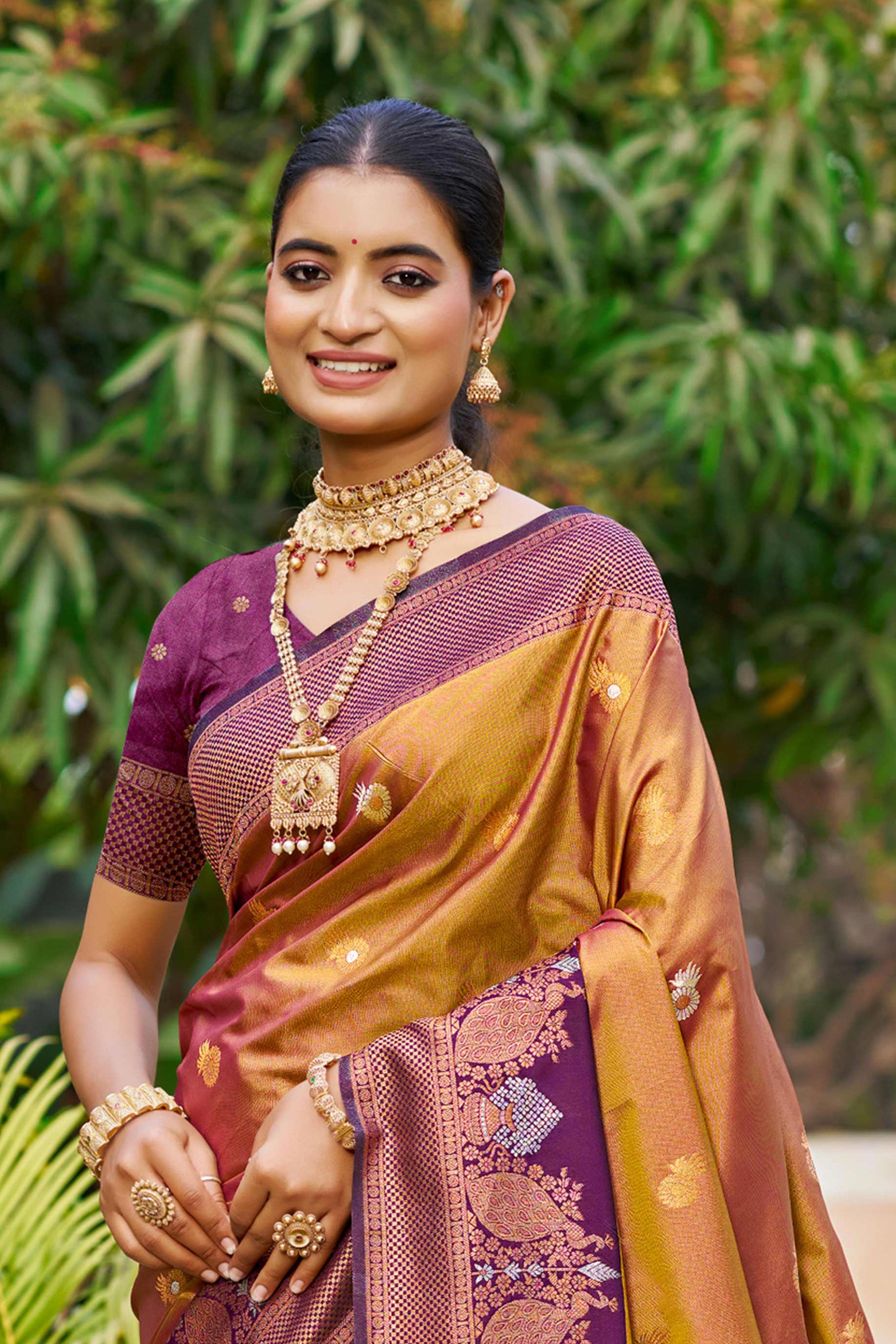 Sangam Prints Copper Gold Soft Silk Woven Work Traditional Saree