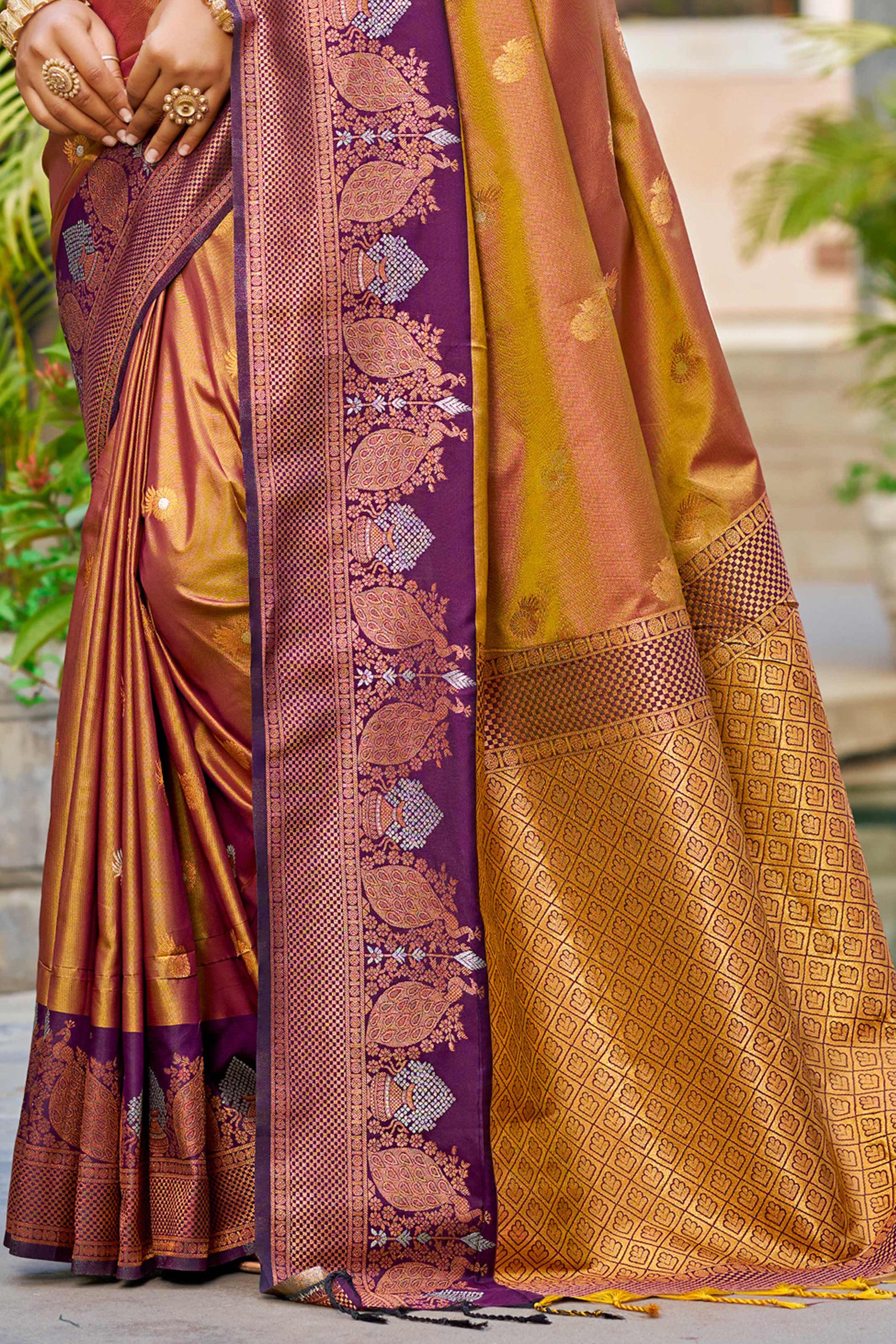 Sangam Prints Copper Gold Soft Silk Woven Work Traditional Saree