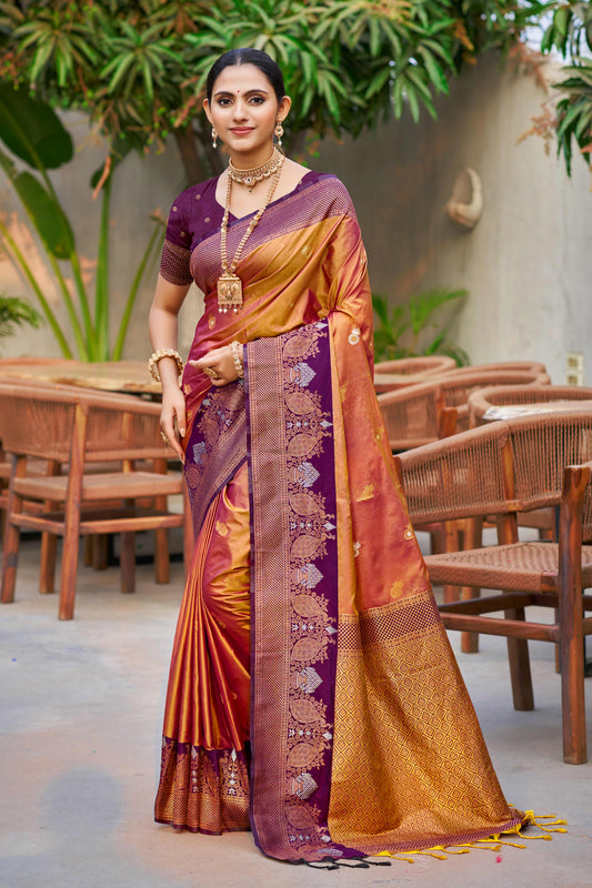 Sangam Prints Copper Gold Soft Silk Woven Work Traditional Saree