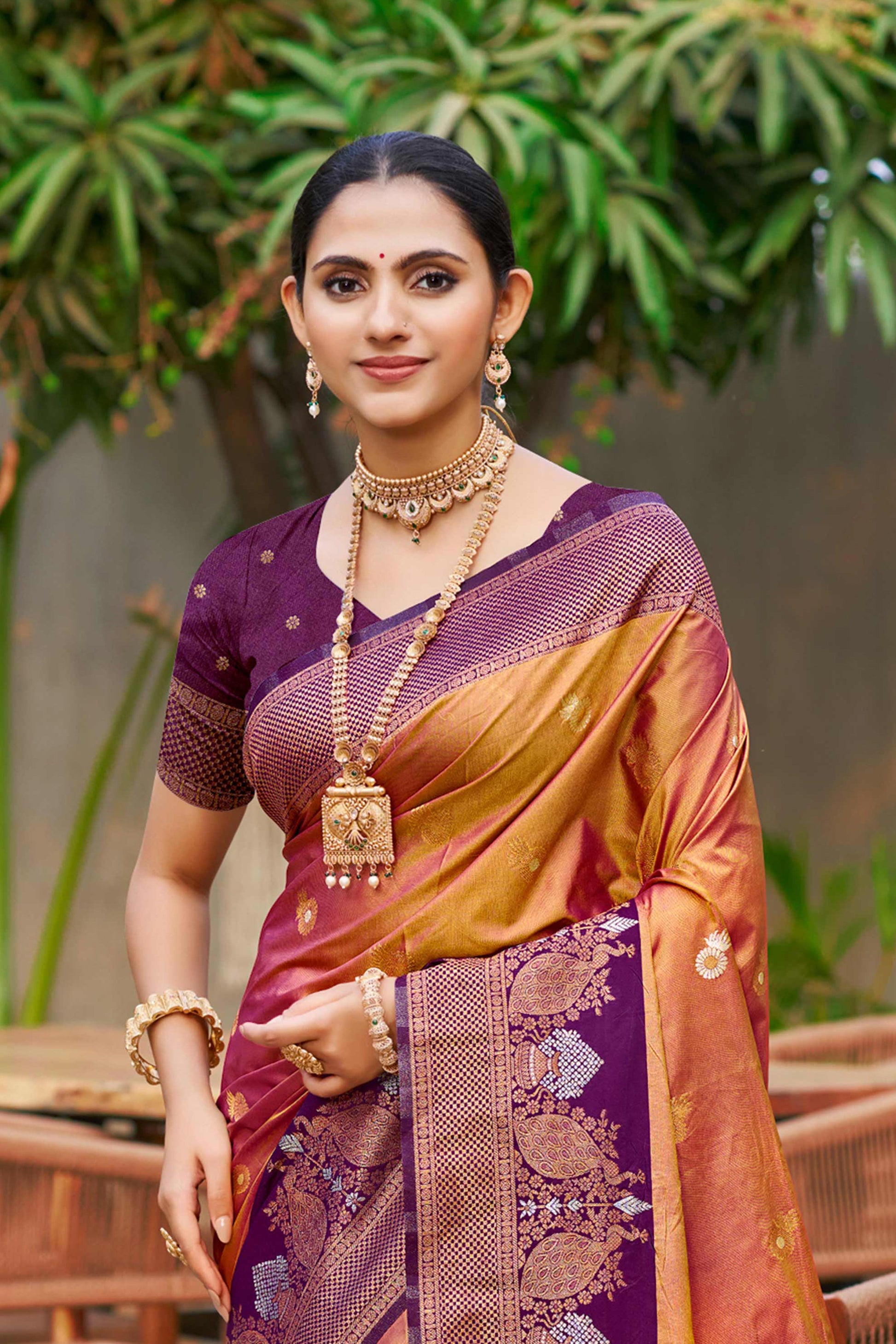 Sangam Prints Copper Gold Soft Silk Woven Work Traditional Saree