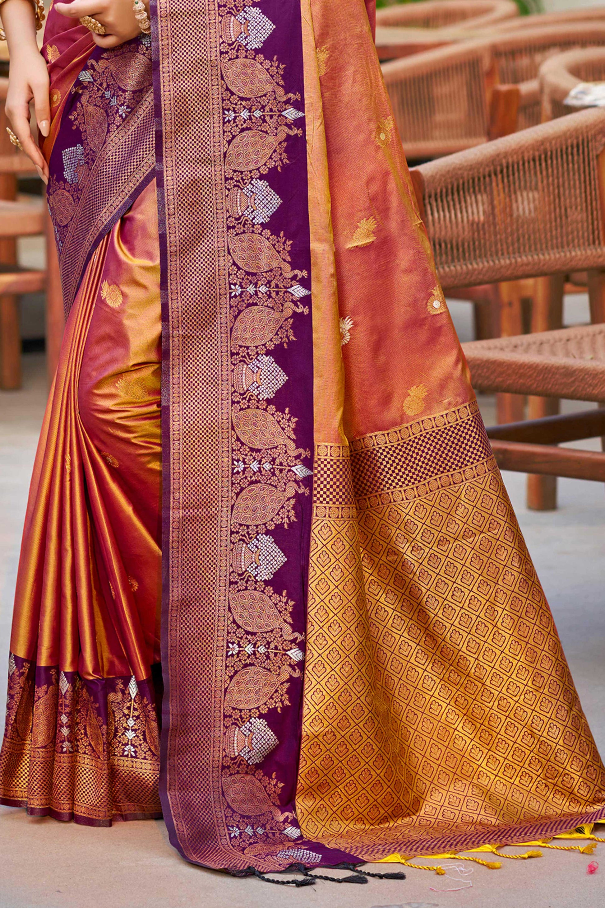 Sangam Prints Copper Gold Soft Silk Woven Work Traditional Saree