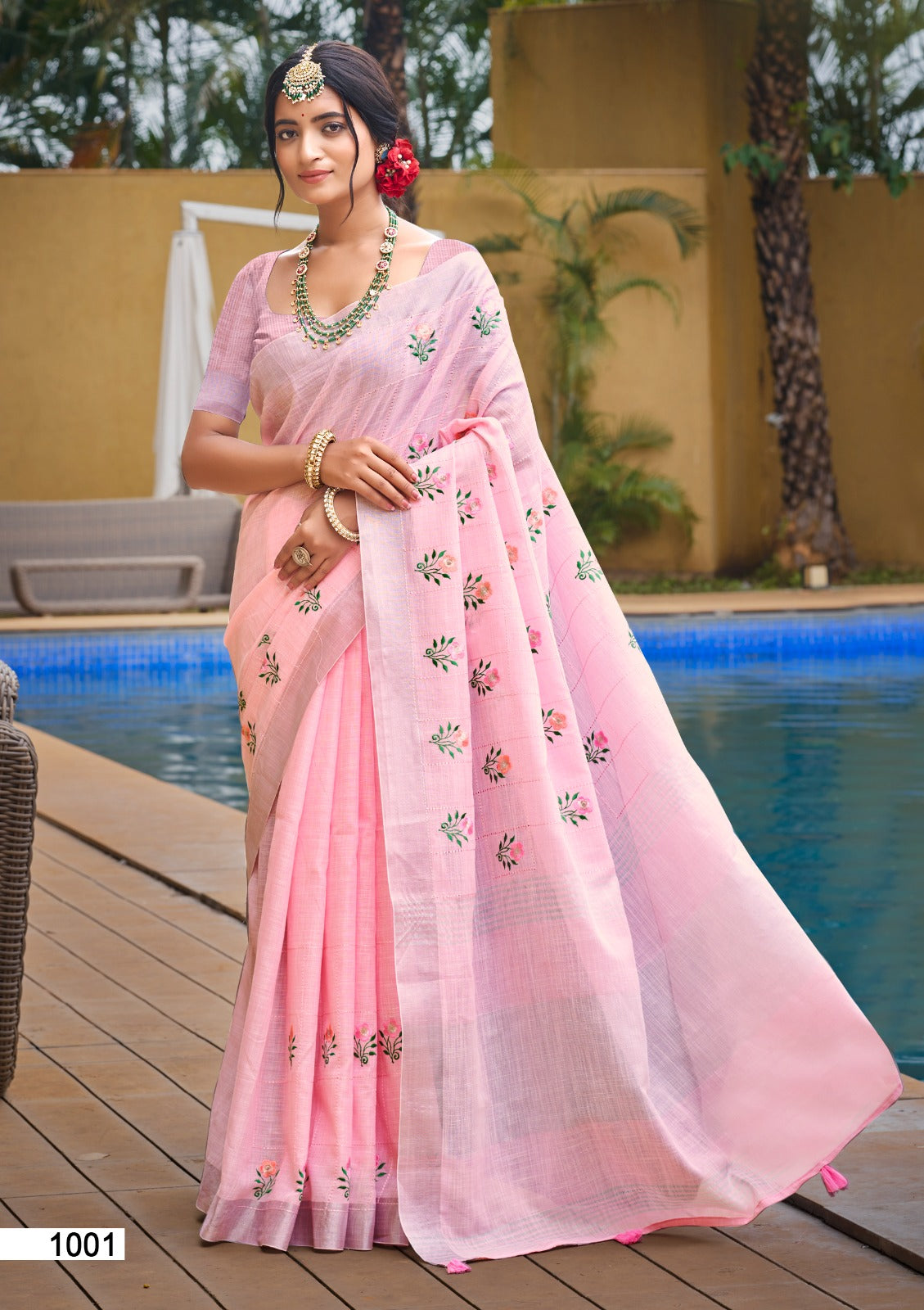 Prazu Fashion Baby Pink Linen Cotton Weaving Wedding Wear Saree