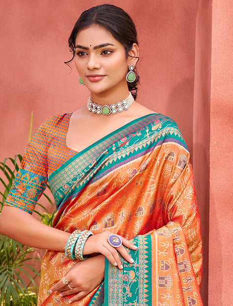 Sangam Prints Light Orange Kanjivaram Silk Woven Work Traditional Saree