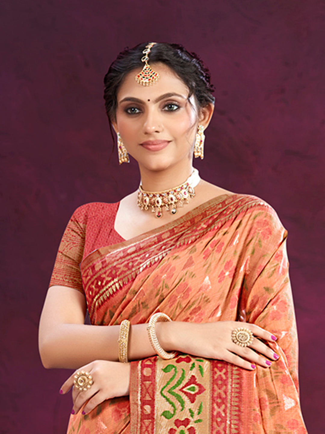Sangam Prints Dark Peach Cotton Silk With Meena Woven Work Traditional Saree