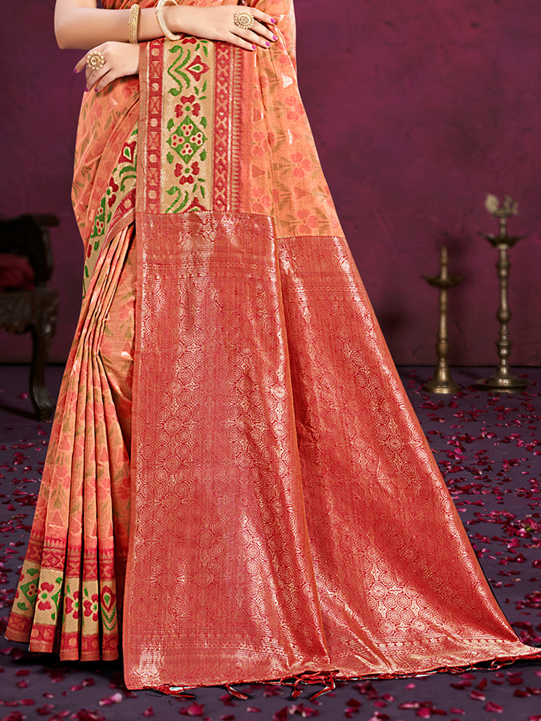 Sangam Prints Dark Peach Cotton Silk With Meena Woven Work Traditional Saree