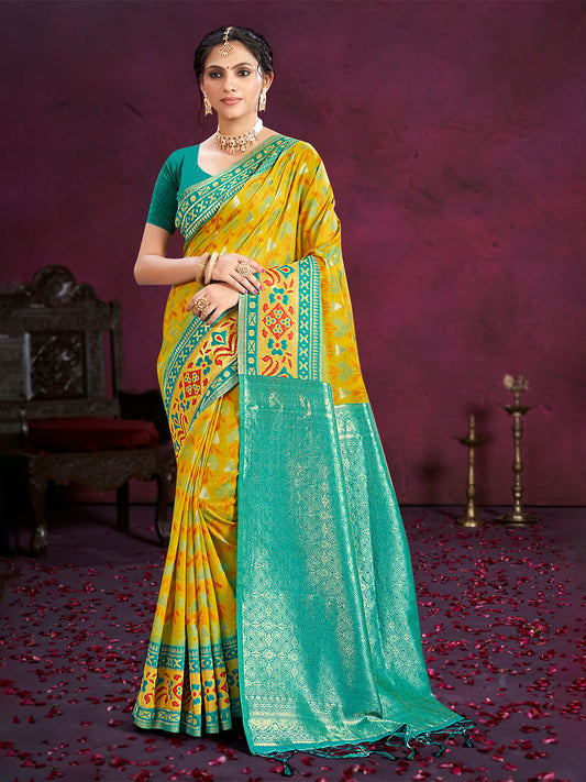 Sangam Prints Yellow Cotton Silk With Meena Woven Work Traditional Saree