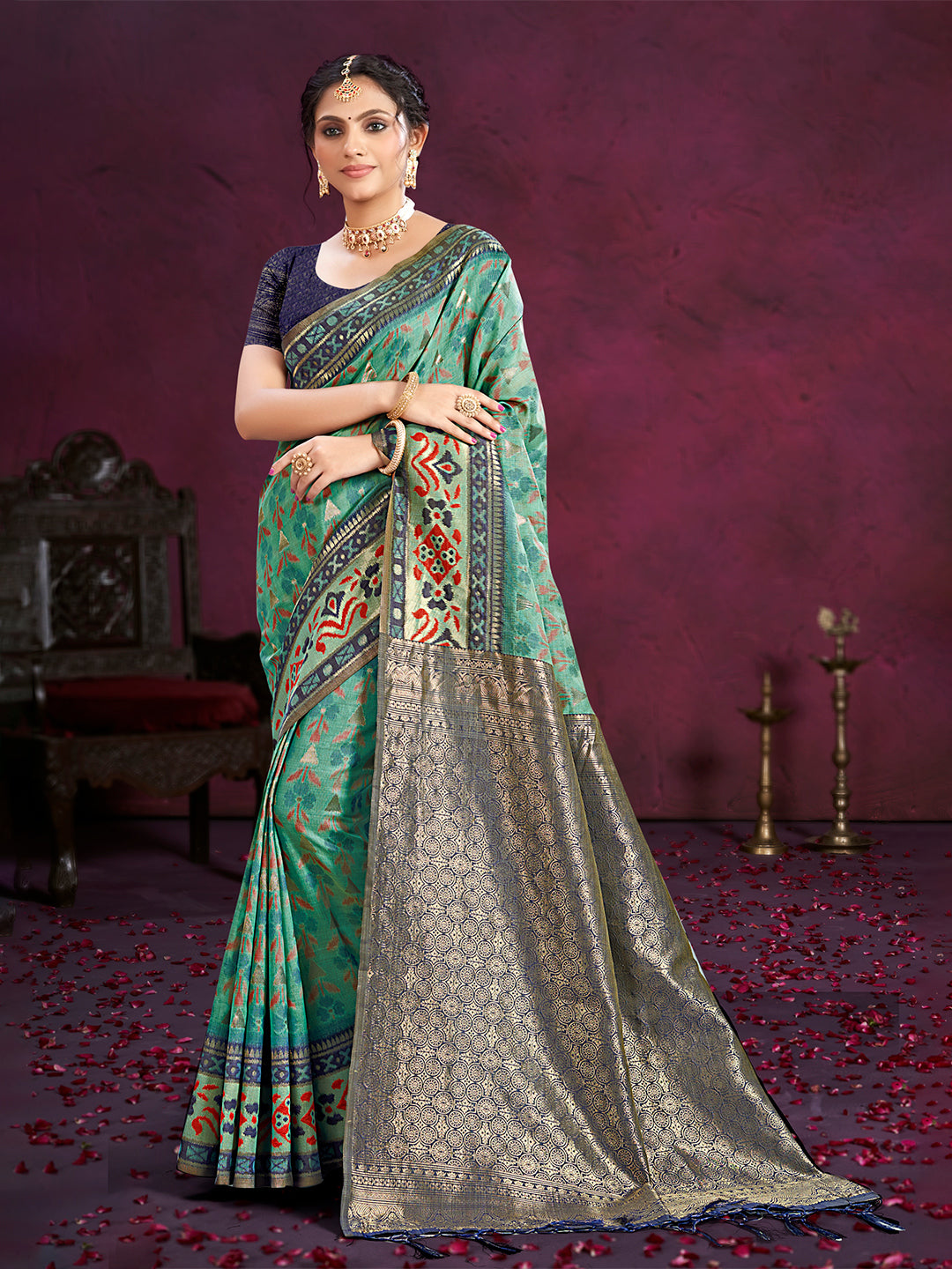 Sangam Prints Teal Green Cotton Silk With Meena Woven Work Traditional Saree