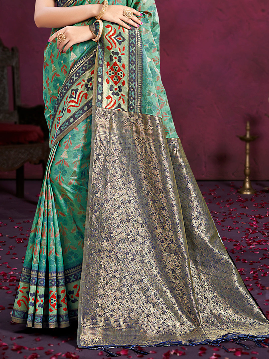 Sangam Prints Teal Green Cotton Silk With Meena Woven Work Traditional Saree