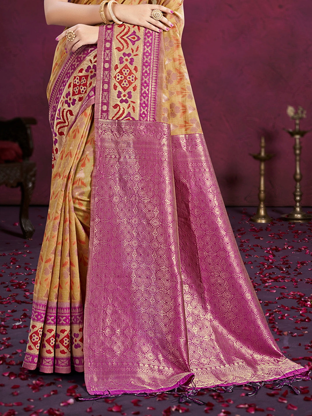 Sangam Prints Beige Cotton Silk With Meena Woven Work Traditional Saree