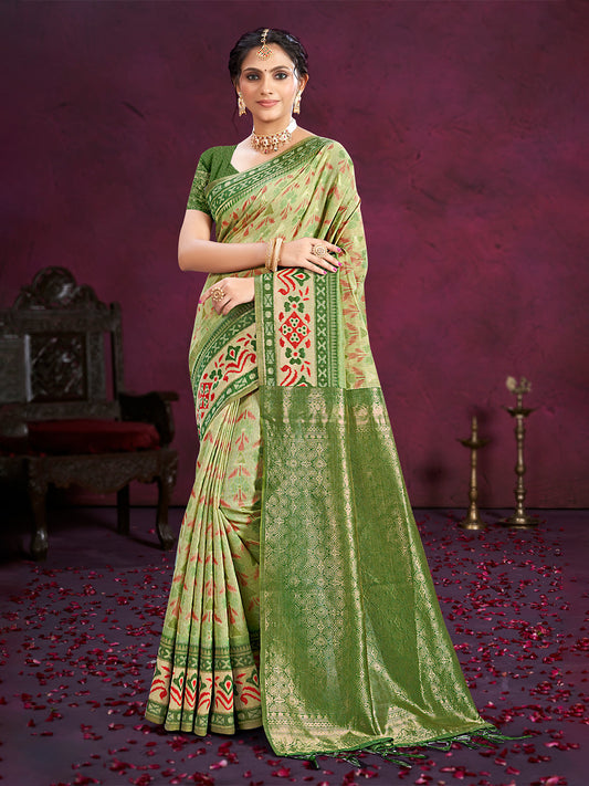 Sangam Prints Light Green Cotton Silk With Meena Woven Work Traditional Saree