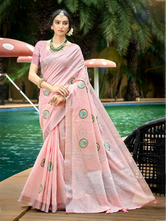 Sangam Prints Light Pink Linen Woven Work Traditional Saree