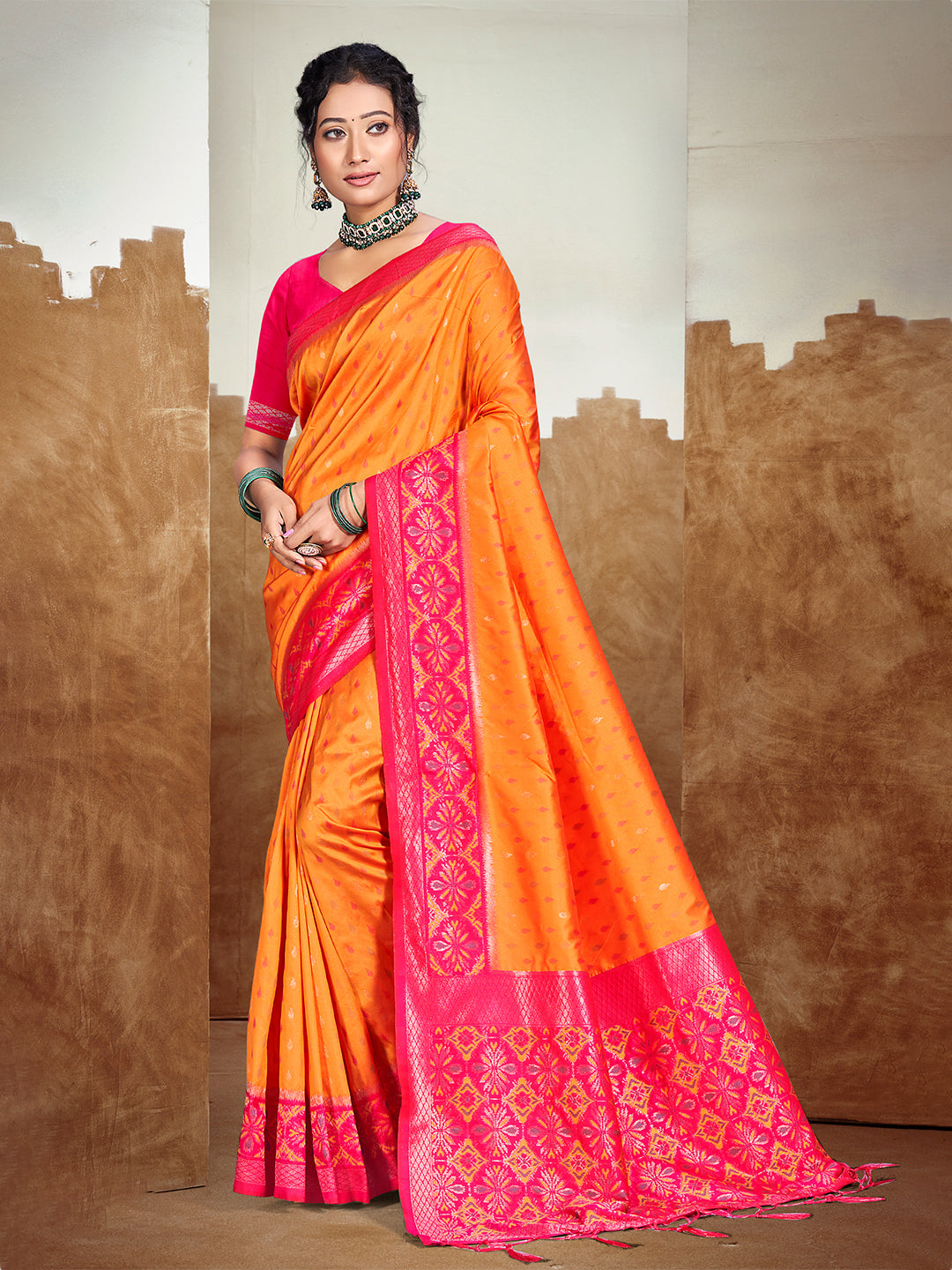 Sangam Prints Orange  Silk Woven Work Traditional Saree