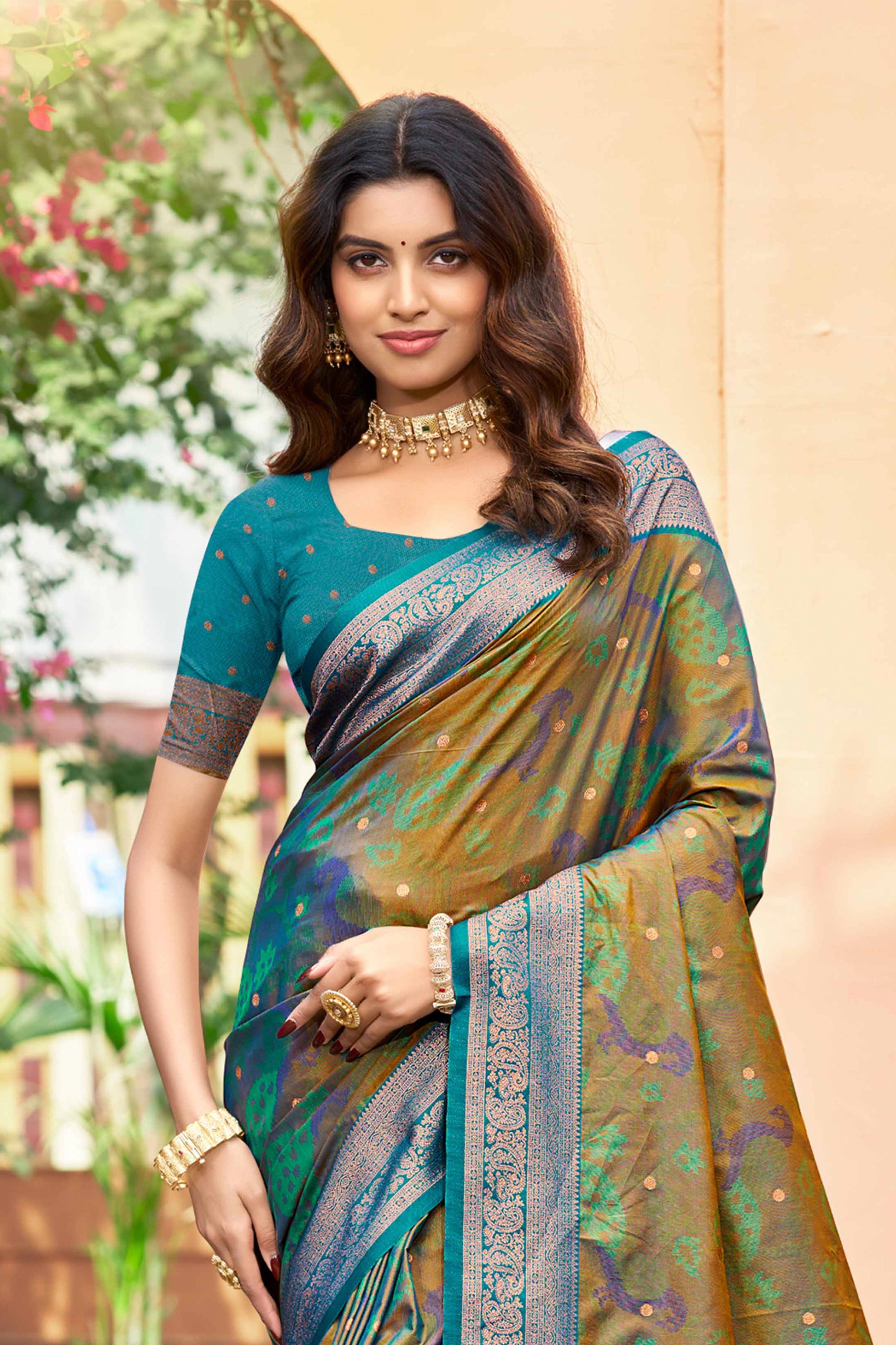 Sangam Prints Olive Green Soft Silk Woven Work Traditional Saree