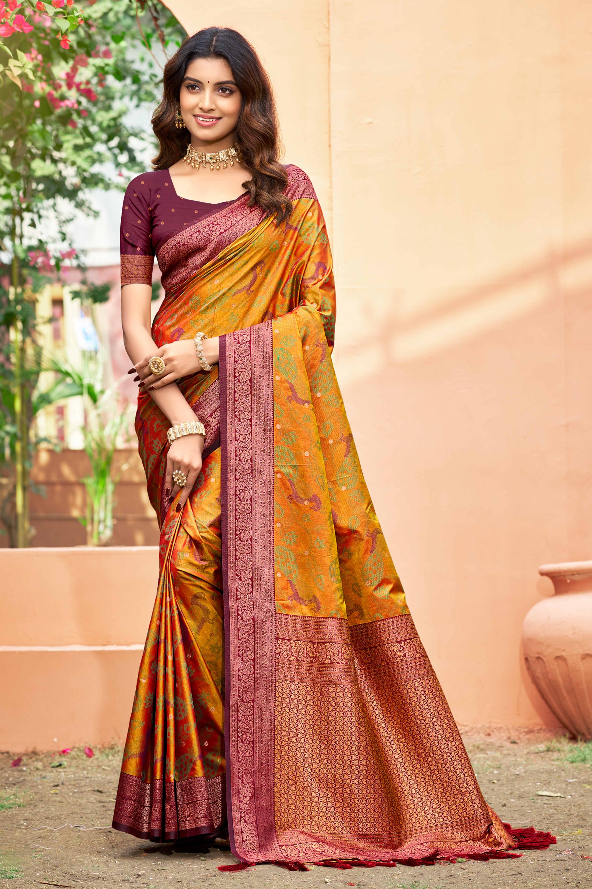 Sangam Prints Mustard Orange Soft Silk Woven Work Traditional Saree