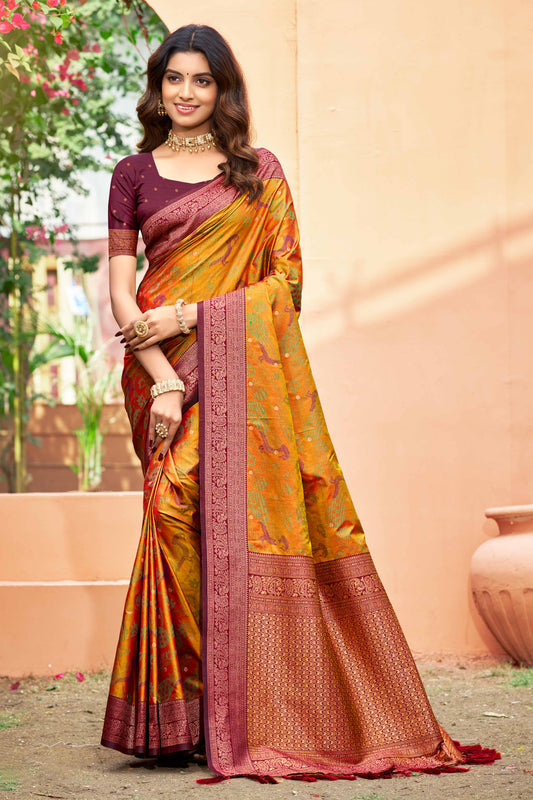 Sangam Prints Mustard Orange Soft Silk Woven Work Traditional Saree