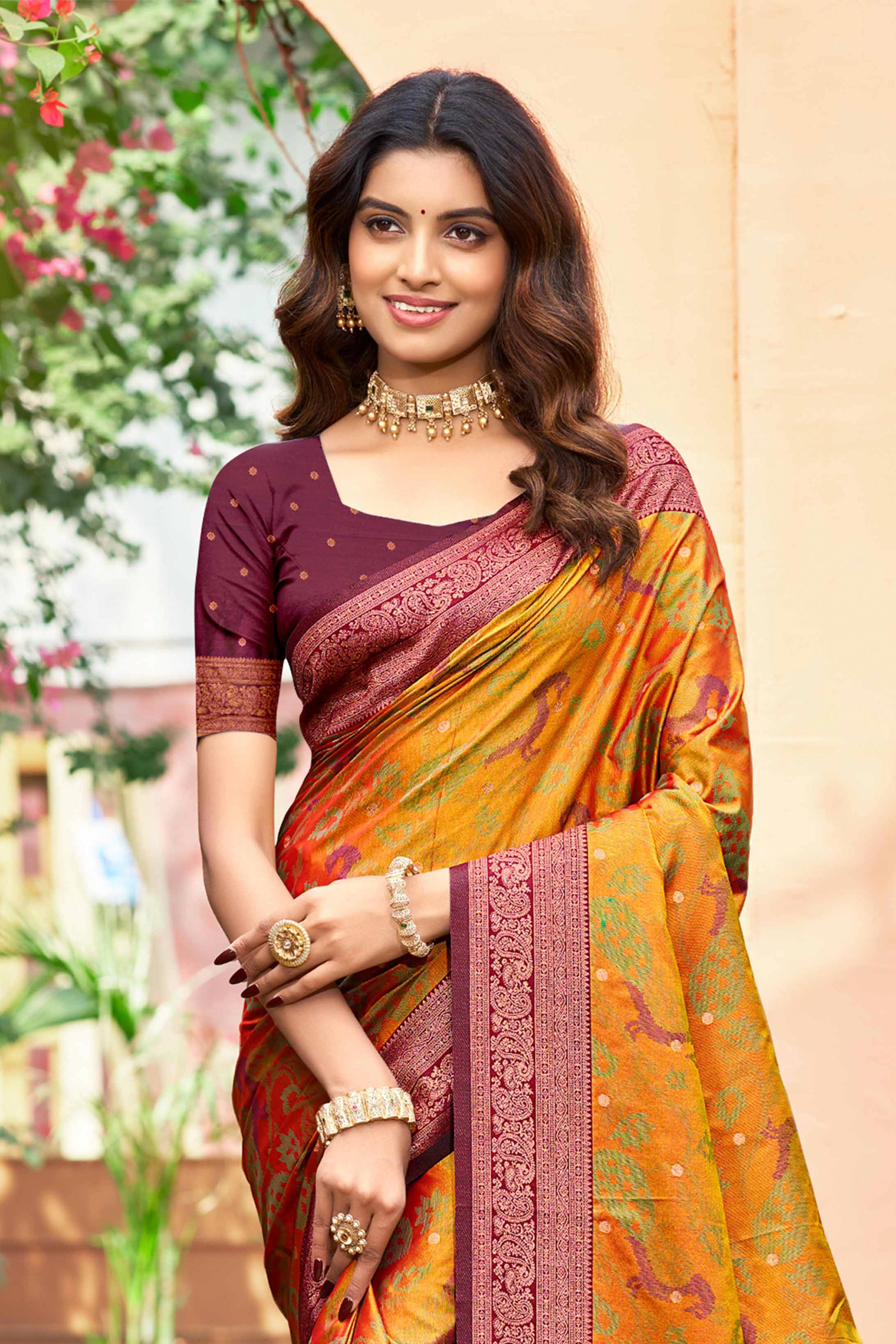 Sangam Prints Mustard Orange Soft Silk Woven Work Traditional Saree