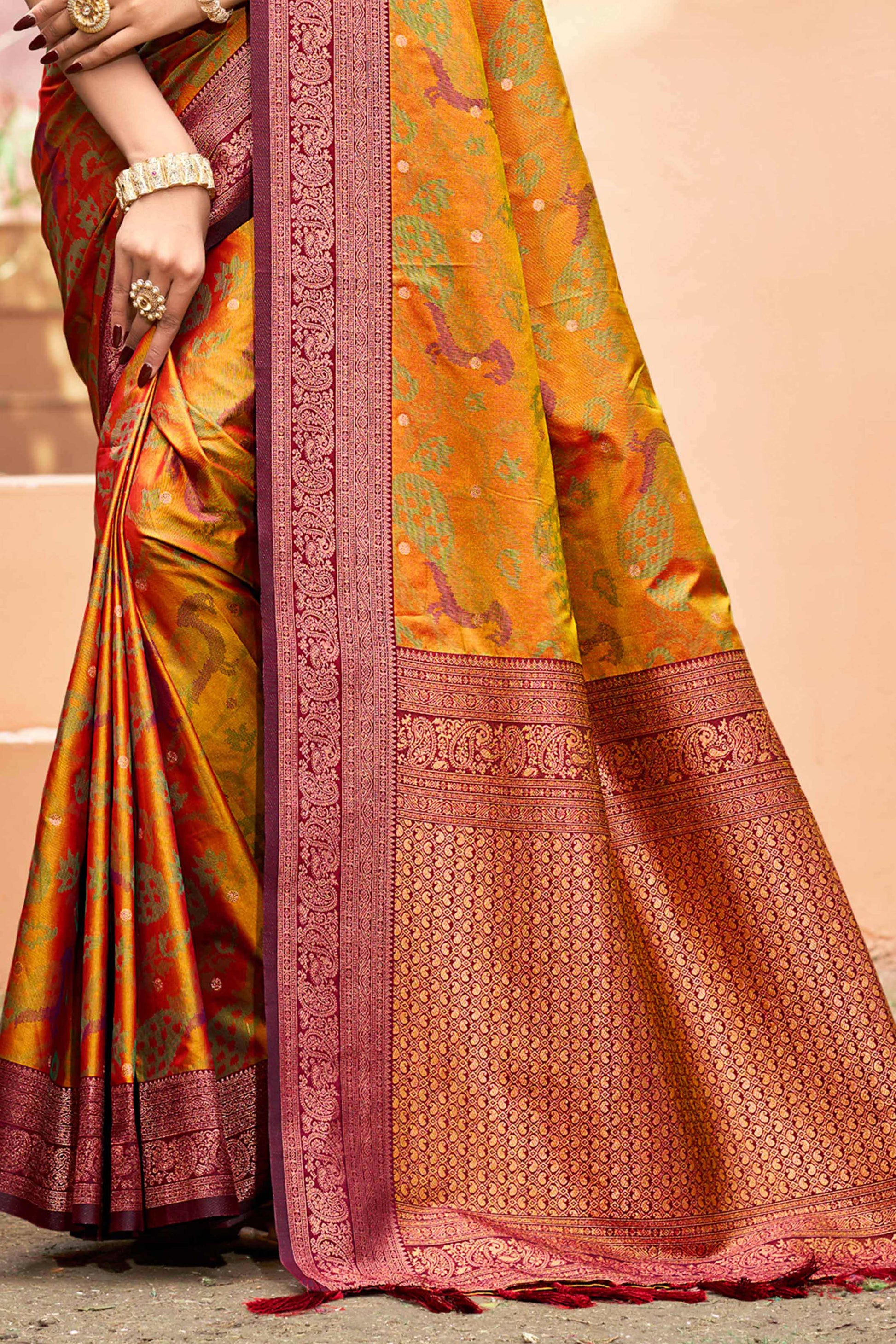 Sangam Prints Mustard Orange Soft Silk Woven Work Traditional Saree