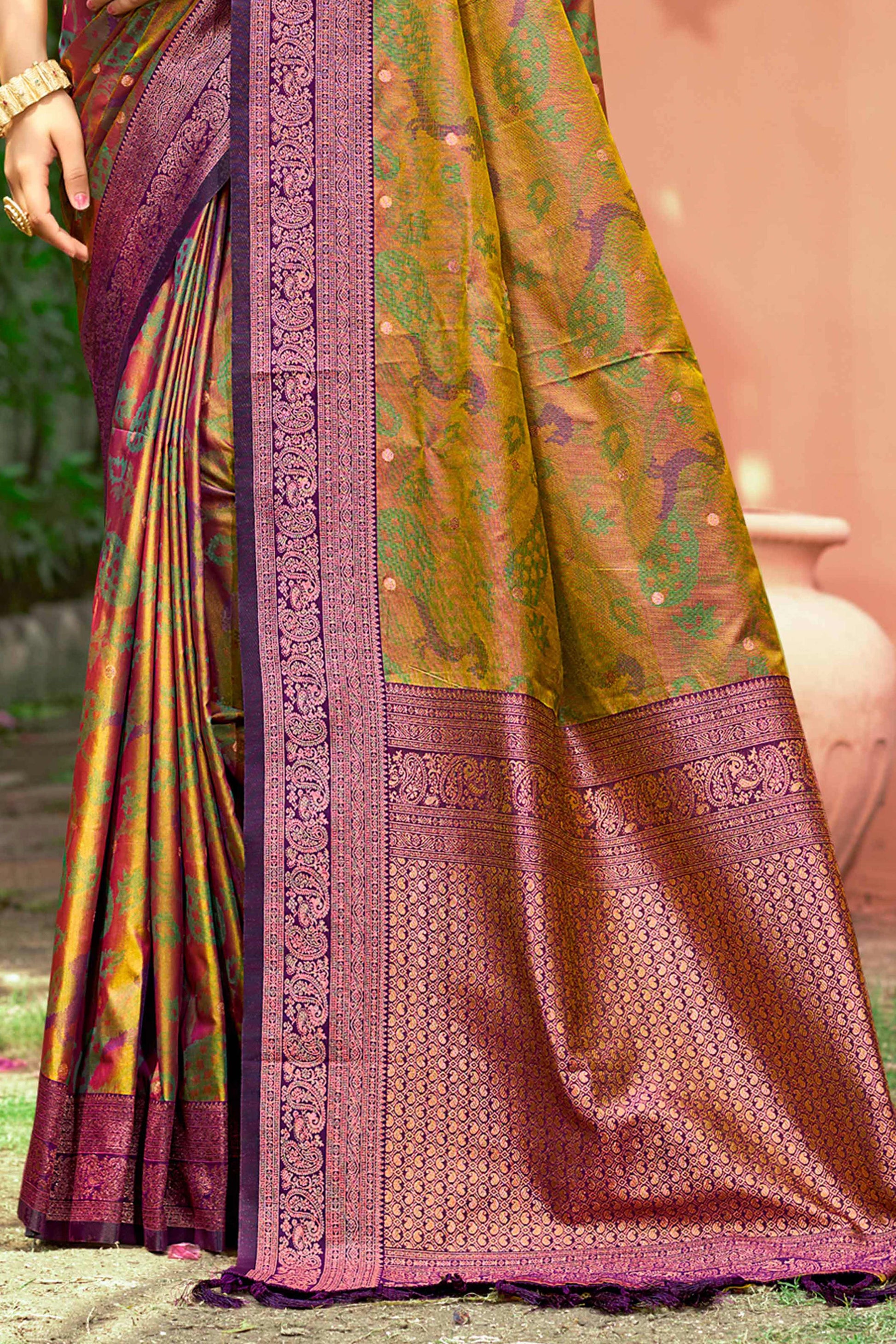 Sangam Prints Mustard Green Soft Silk Woven Work Traditional Saree