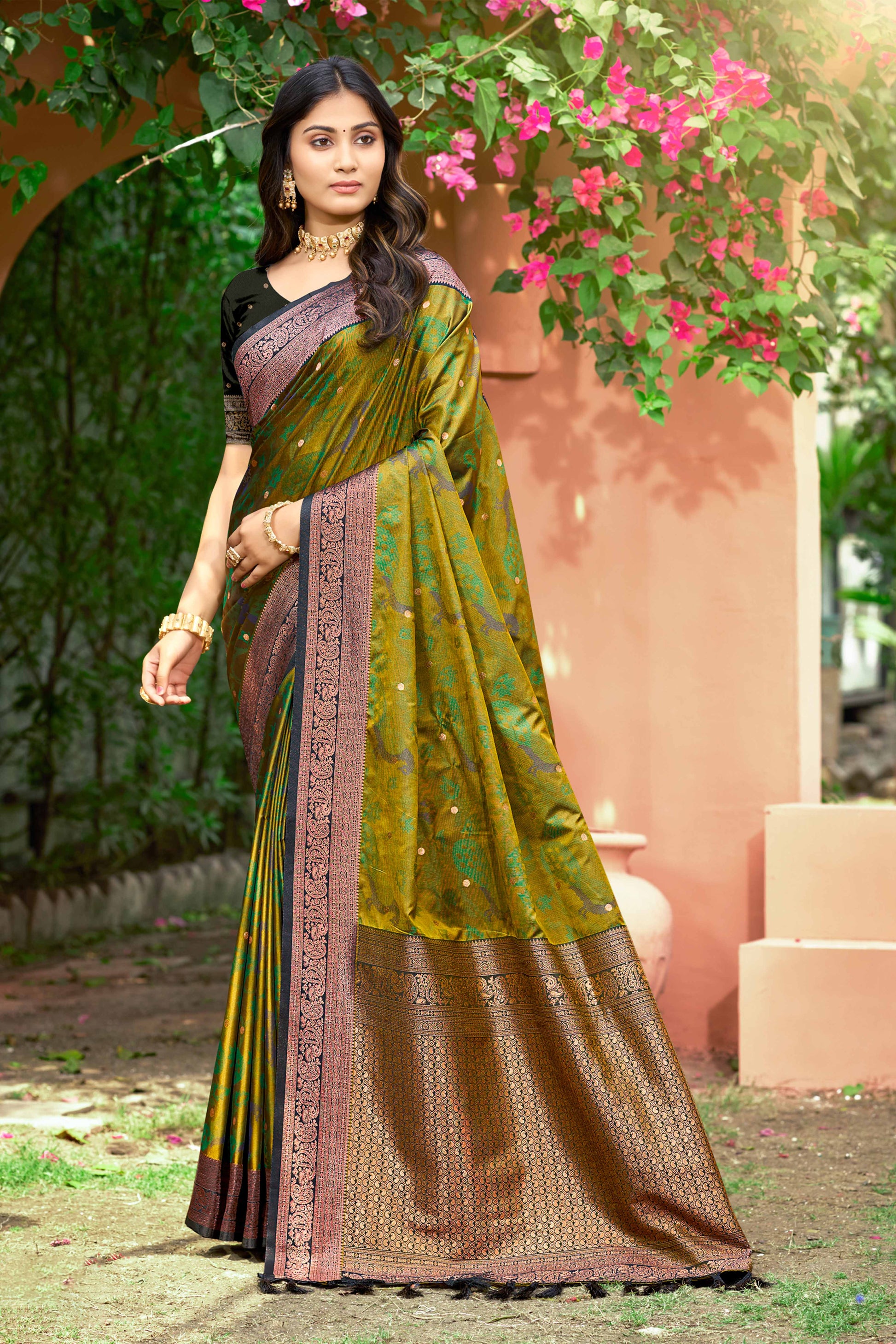 Sangam Prints Olive Green Soft Silk Woven Work Traditional Saree