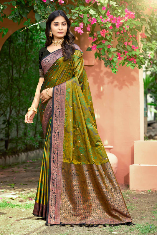 Sangam Prints Olive Green Soft Silk Woven Work Traditional Saree
