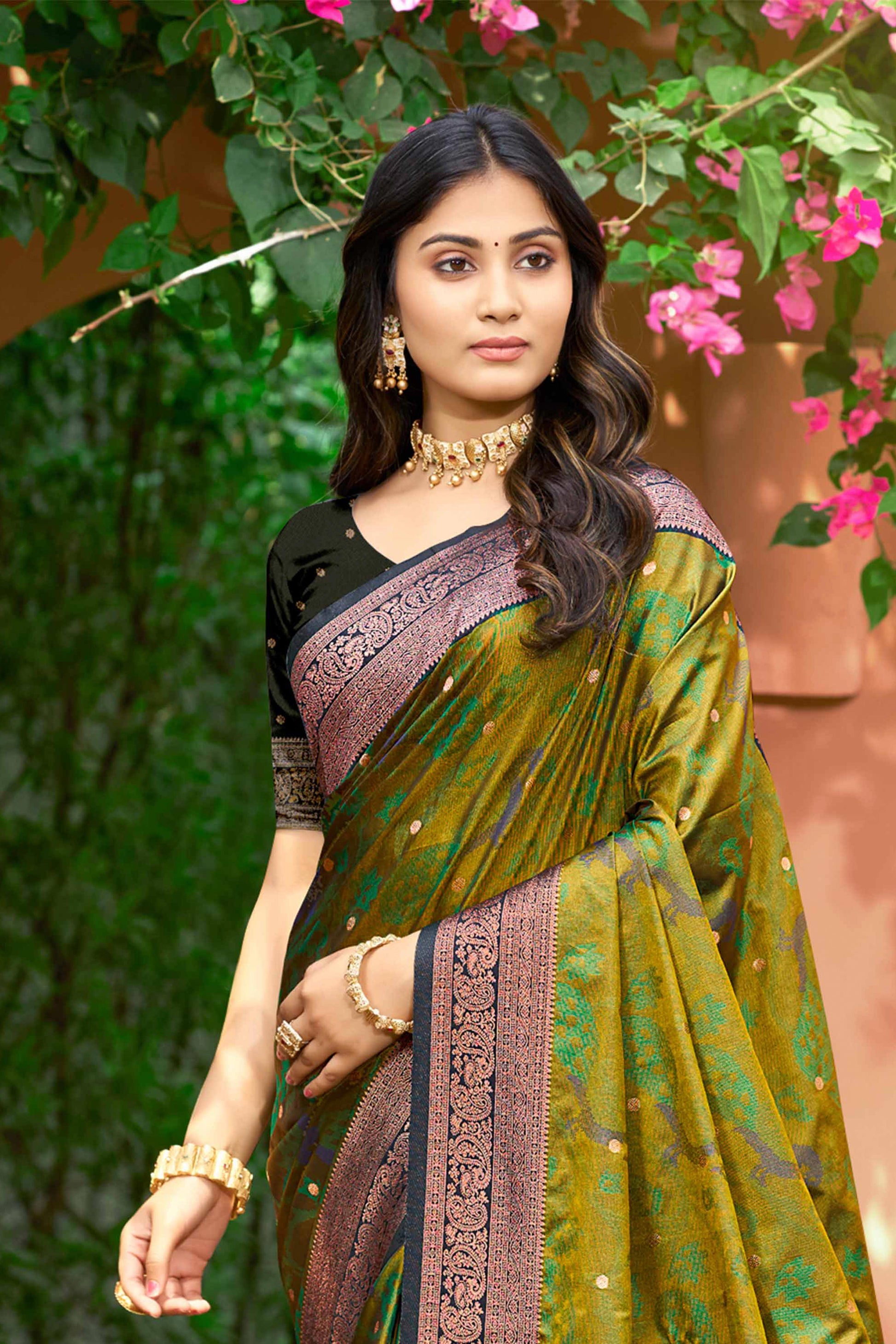 Sangam Prints Olive Green Soft Silk Woven Work Traditional Saree
