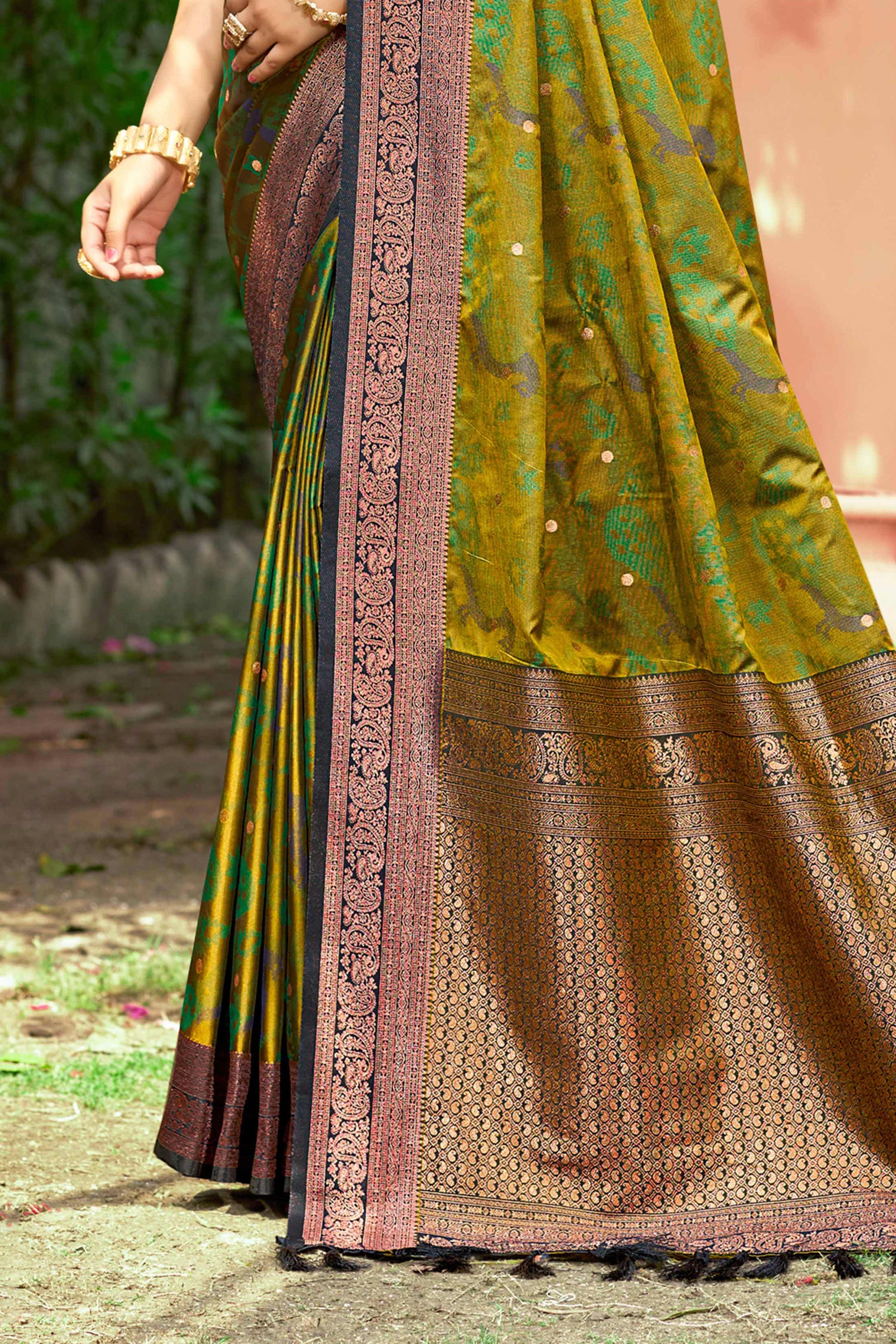 Sangam Prints Olive Green Soft Silk Woven Work Traditional Saree