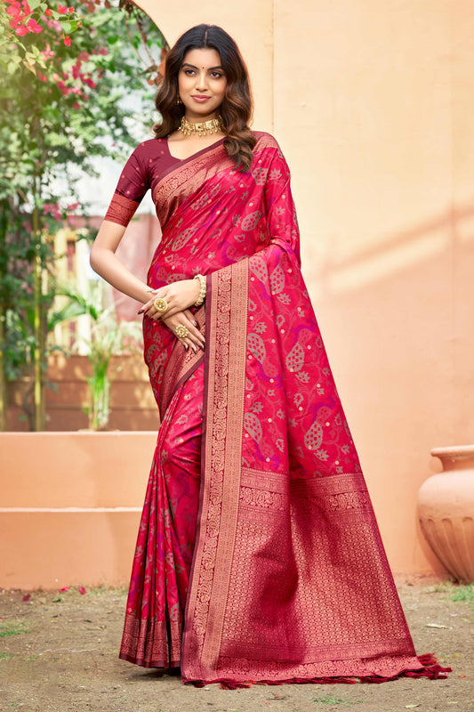 Sangam Prints Rani Pink Soft Silk Woven Work Traditional Saree