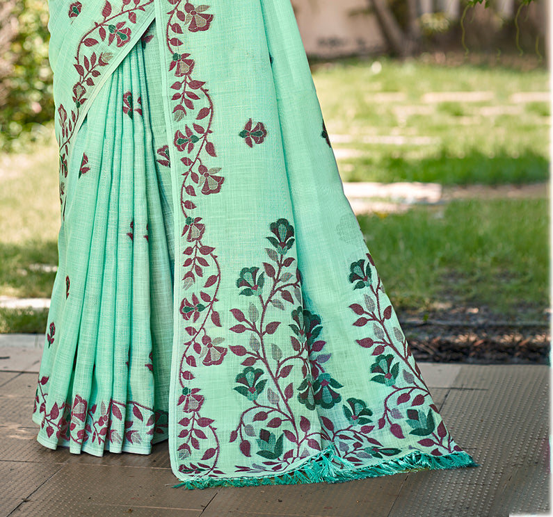 Sangam Prints Mint Green Linen Woven Work Traditional Saree