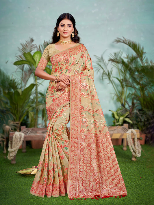 Sangam Prints Beige Cotton Silk With Meena Woven Work Traditional Saree