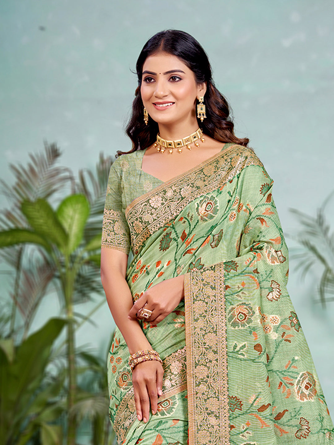 Sangam Prints Light Green Cotton Silk With Meena Woven Work Traditional Saree