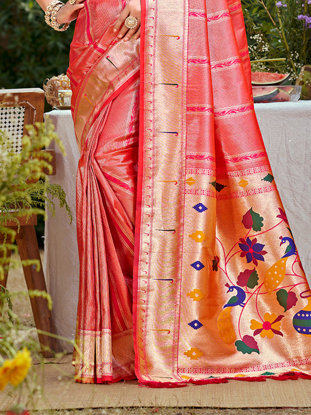 Sangam Prints Coral Pink Silk Woven Work Traditional Saree