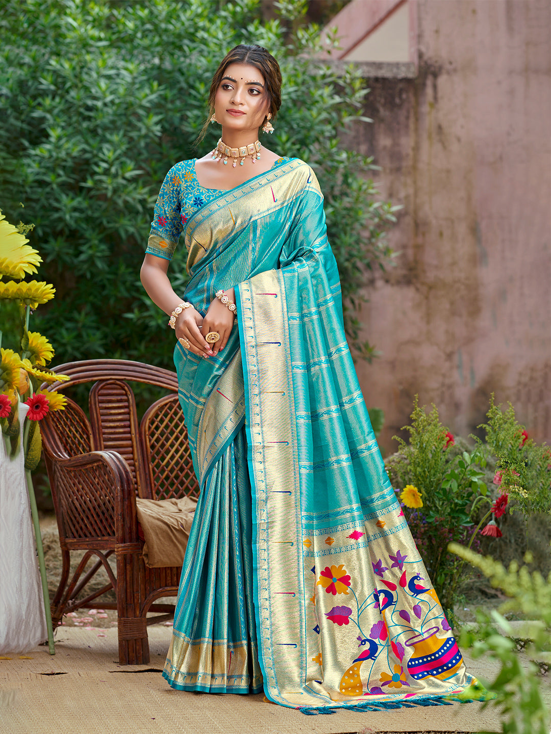 Sangam Prints Teal Green  Silk Woven Work Traditional Saree